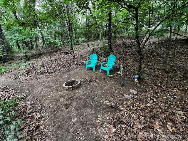 view of yard with a fire pit