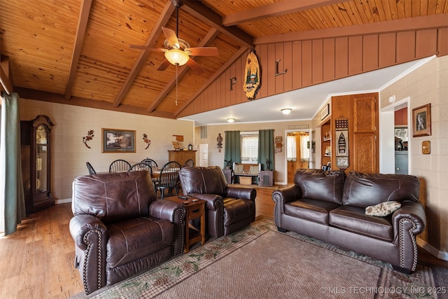 living room featuring a ceiling fan, wooden ceiling, beamed ceiling, and light wood-style floors