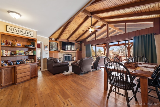 dining area with wood ceiling, lofted ceiling with beams, light wood-style flooring, a fireplace, and a ceiling fan