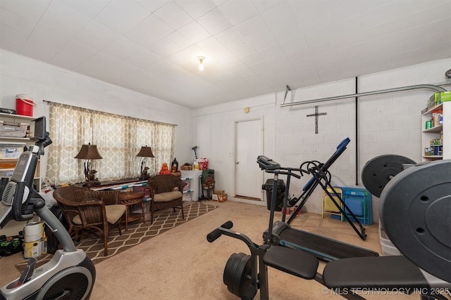 workout room featuring concrete block wall and carpet flooring