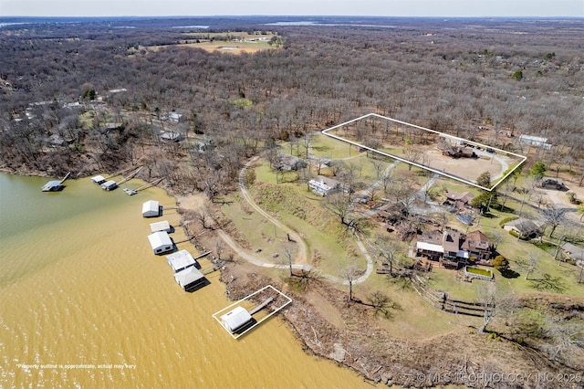 drone / aerial view featuring a water view