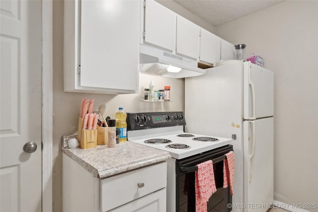 kitchen featuring under cabinet range hood, white cabinets, light countertops, and electric stove