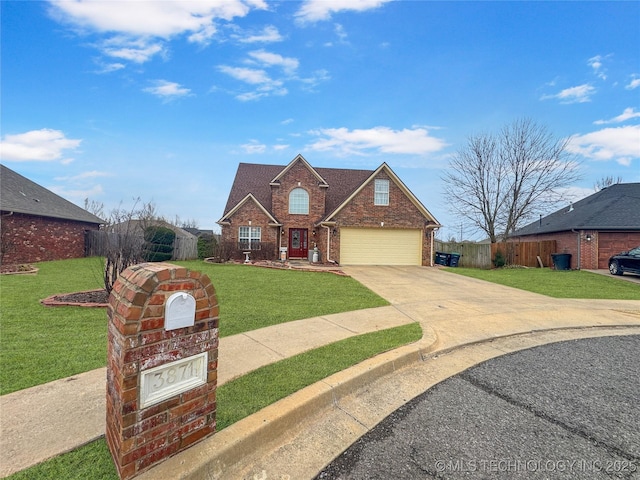 view of front of house featuring brick siding, driveway, a front lawn, and fence