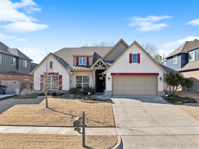 view of front of home featuring concrete driveway, fence, a garage, and roof with shingles