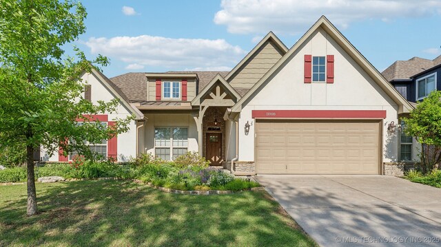 craftsman inspired home with stucco siding, driveway, stone siding, and a front lawn