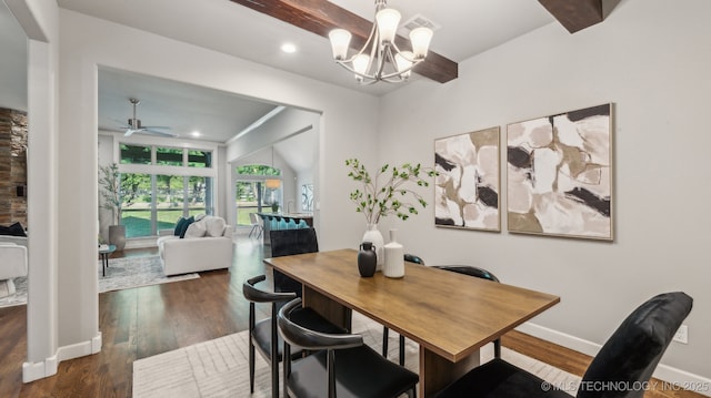 dining room with a chandelier, a ceiling fan, baseboards, wood finished floors, and recessed lighting