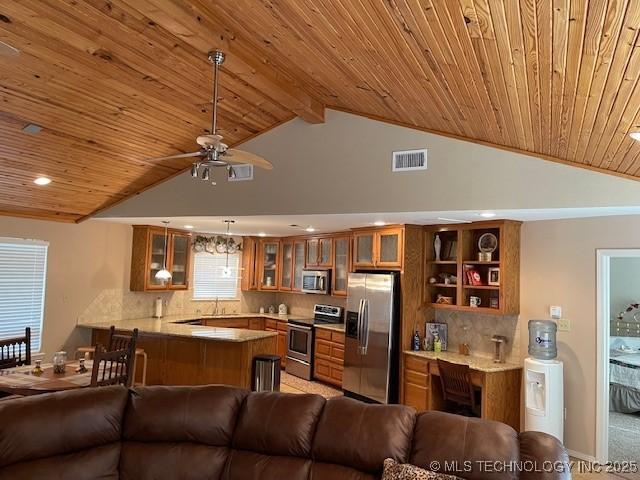 living room with wooden ceiling, baseboards, visible vents, and ceiling fan