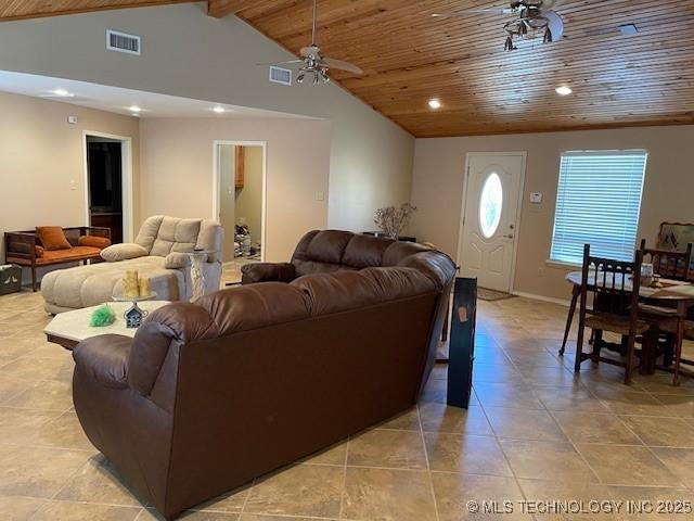 living area featuring wooden ceiling, a ceiling fan, visible vents, and vaulted ceiling