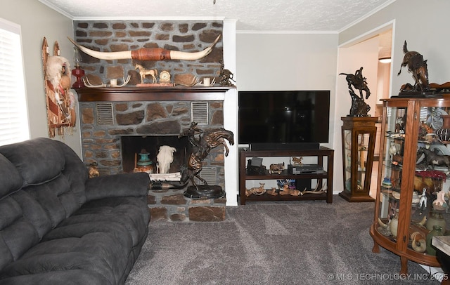 carpeted living room featuring a stone fireplace, a textured ceiling, and crown molding