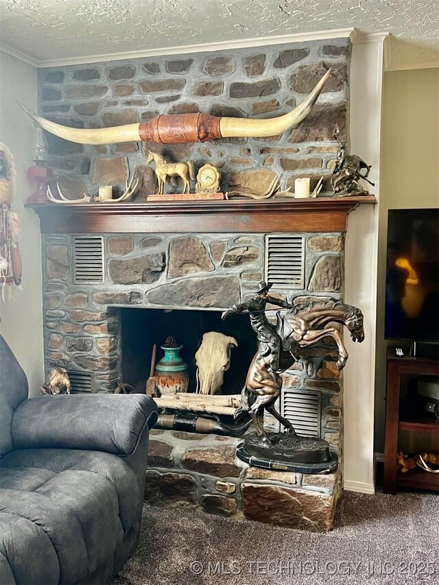 room details featuring carpet floors, a textured ceiling, a fireplace, and crown molding