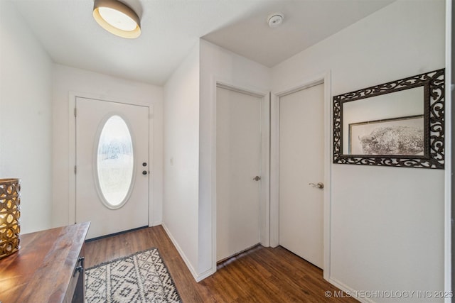 foyer featuring baseboards and dark wood-style flooring