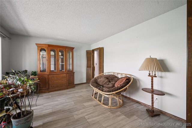 sitting room with a textured ceiling, baseboards, and wood tiled floor