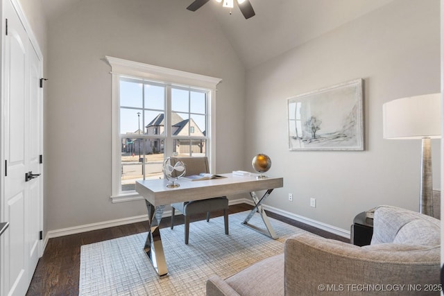 office space with high vaulted ceiling, wood finished floors, baseboards, and ceiling fan