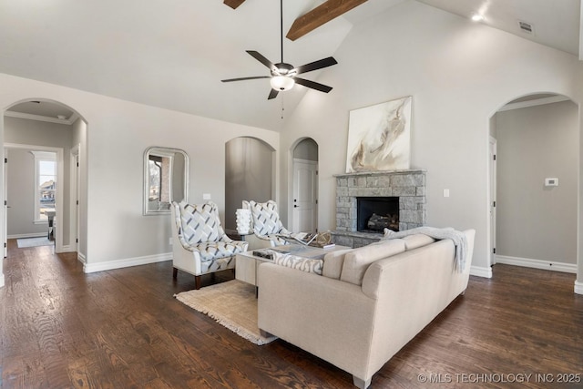 living room with visible vents, beam ceiling, dark wood-type flooring, and high vaulted ceiling