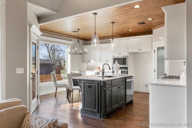 kitchen featuring a sink, wood ceiling, appliances with stainless steel finishes, white cabinets, and dark wood-style flooring