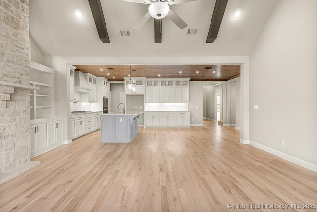 unfurnished living room with visible vents, lofted ceiling with beams, light wood-style floors, a ceiling fan, and a sink