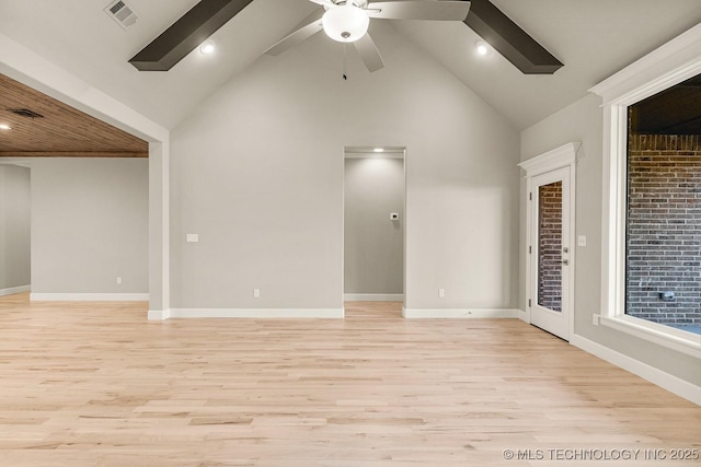 empty room with visible vents, baseboards, light wood-style flooring, high vaulted ceiling, and a ceiling fan