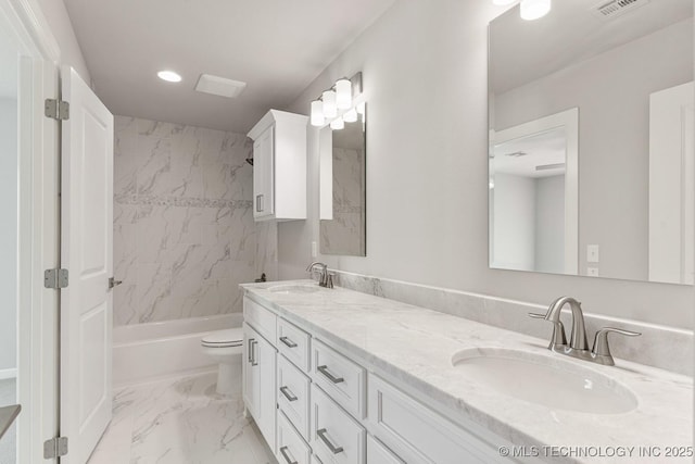 full bath with double vanity, shower / washtub combination, marble finish floor, and a sink