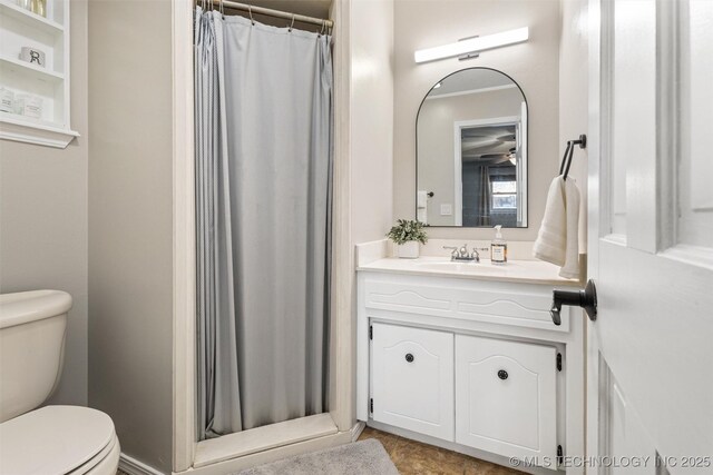 full bathroom with vanity, toilet, and a shower with curtain