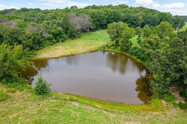 drone / aerial view with a water view and a view of trees