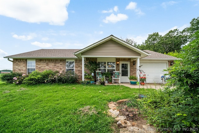 ranch-style home with a front yard, an attached garage, brick siding, and roof with shingles