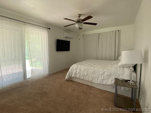 carpeted bedroom with a wall unit AC and a ceiling fan