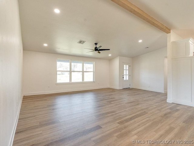 unfurnished living room with baseboards, lofted ceiling with beams, recessed lighting, light wood-style floors, and a ceiling fan