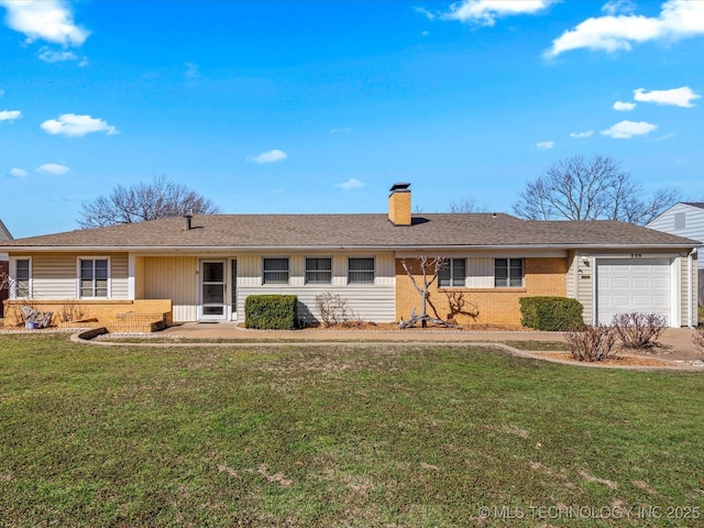 ranch-style house featuring a front lawn, roof with shingles, an attached garage, brick siding, and a chimney