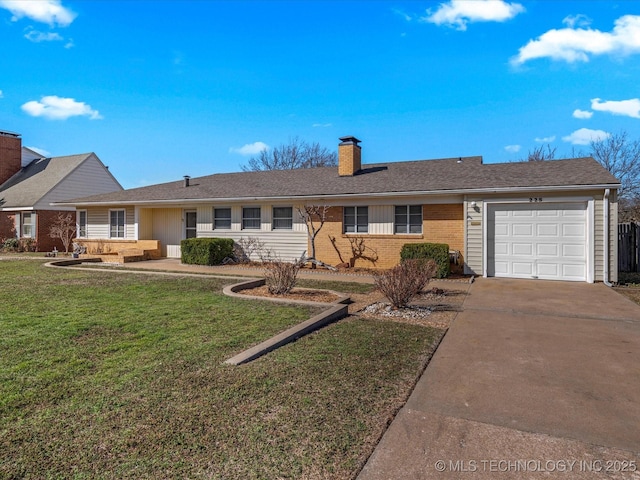 ranch-style home with brick siding, an attached garage, a front lawn, a chimney, and driveway