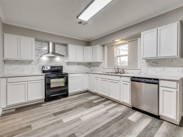 kitchen with decorative backsplash, stainless steel dishwasher, electric range, wall chimney exhaust hood, and a sink