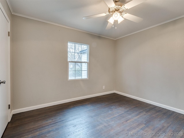 unfurnished room with dark wood finished floors, baseboards, crown molding, and ceiling fan