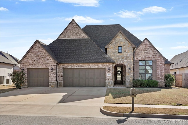 french country style house featuring fence, driveway, an attached garage, stone siding, and brick siding