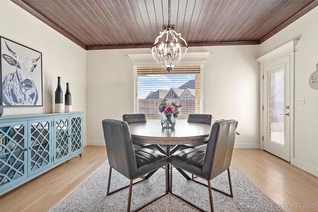 dining area with baseboards, a chandelier, wood ceiling, ornamental molding, and wood finished floors