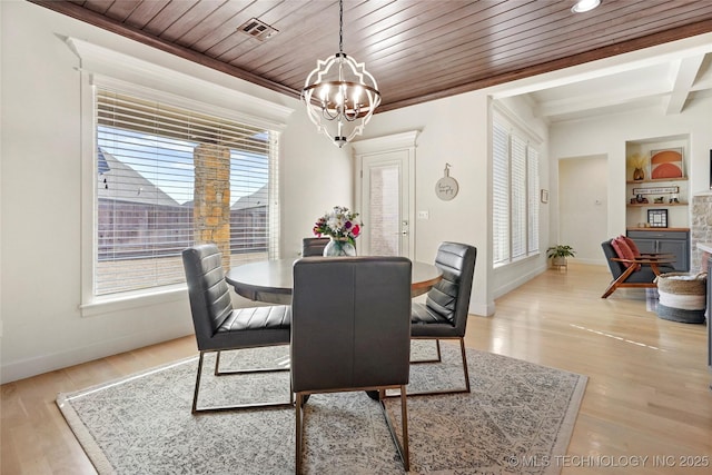 dining space with visible vents, baseboards, wood ceiling, light wood-style floors, and a notable chandelier