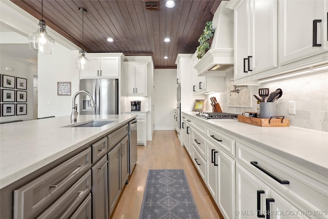 kitchen featuring premium range hood, a sink, stainless steel appliances, wood ceiling, and white cabinetry