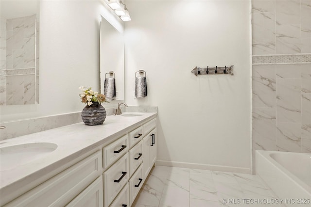 bathroom featuring double vanity, baseboards, marble finish floor, and a sink