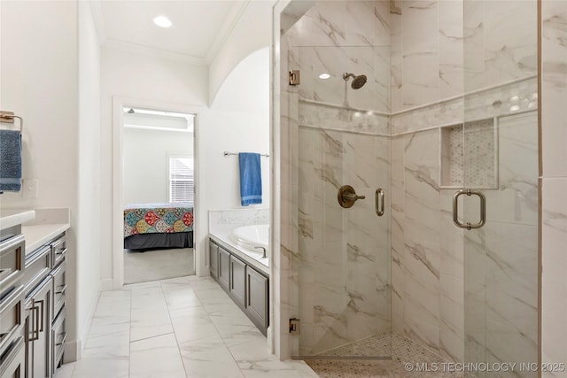 bathroom with marble finish floor, ornamental molding, ensuite bathroom, a marble finish shower, and vanity