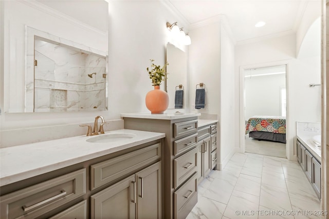 full bath featuring connected bathroom, walk in shower, ornamental molding, marble finish floor, and vanity