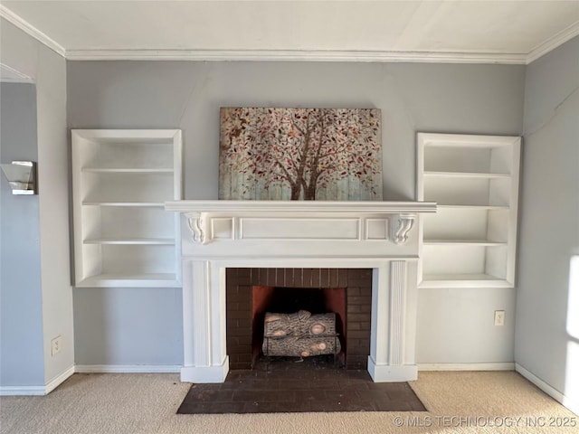 details featuring carpet flooring, baseboards, ornamental molding, and a fireplace