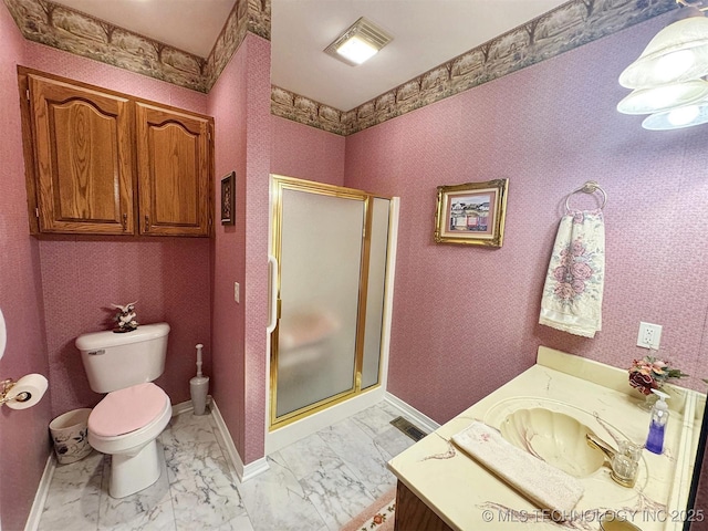 full bathroom with a shower stall, wallpapered walls, baseboards, marble finish floor, and vanity