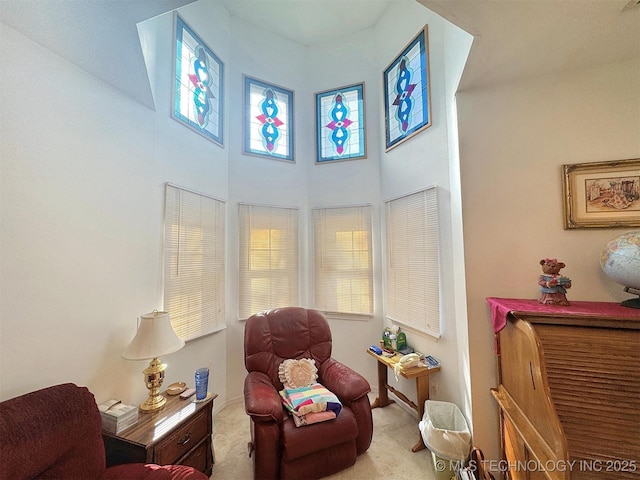 living area with a high ceiling and carpet flooring