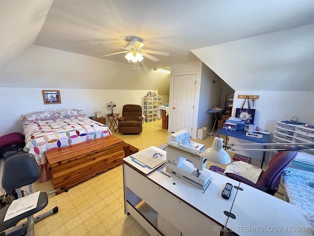 bedroom featuring vaulted ceiling, light floors, and ceiling fan