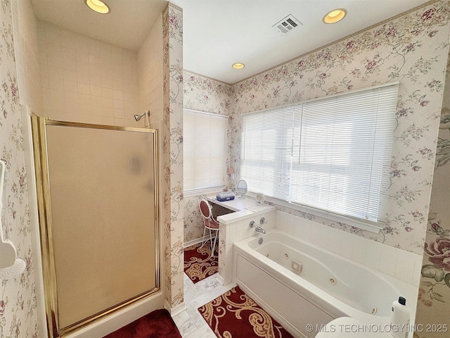 full bath featuring visible vents, a stall shower, recessed lighting, wallpapered walls, and a whirlpool tub