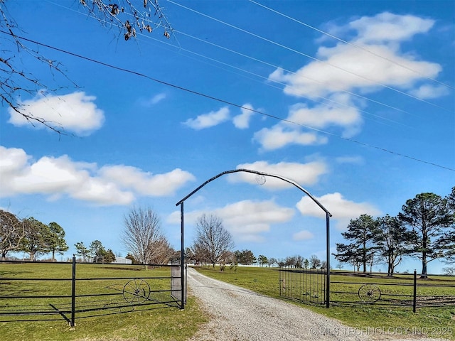 view of road with a rural view, driveway, and a gated entry