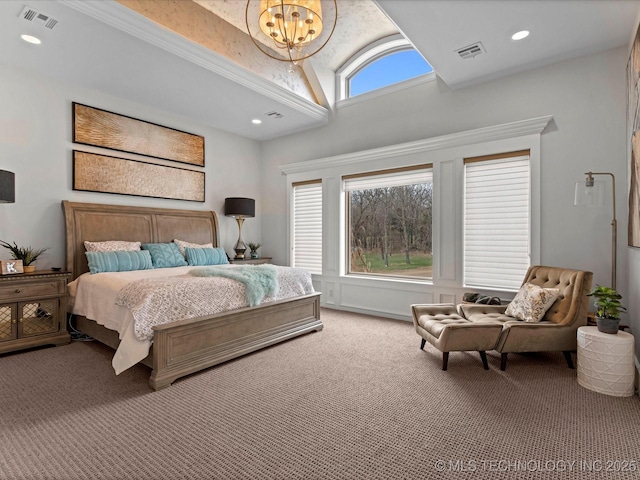 bedroom with a chandelier, visible vents, recessed lighting, and carpet floors