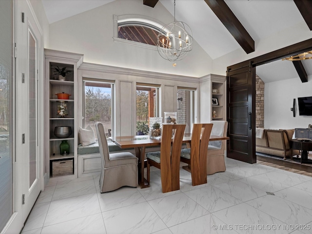 dining space with beamed ceiling, high vaulted ceiling, marble finish floor, a barn door, and a chandelier