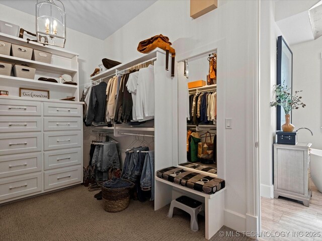 walk in closet with light carpet and a chandelier