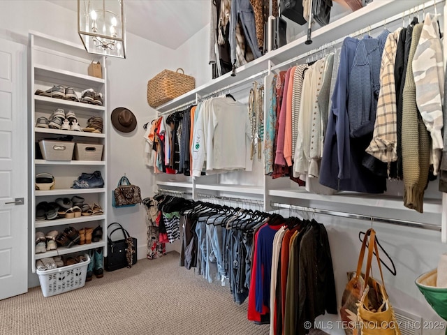 walk in closet featuring an inviting chandelier and carpet floors