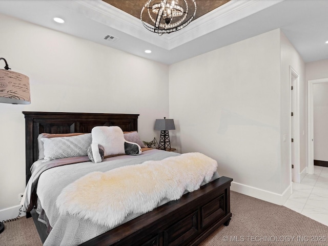 bedroom with visible vents, a raised ceiling, recessed lighting, an inviting chandelier, and baseboards