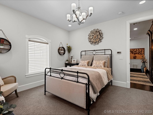 carpeted bedroom featuring recessed lighting, visible vents, and baseboards